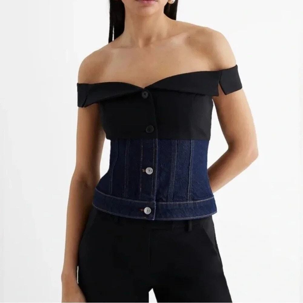Express Blazer Black Blue Denim Twill Off-the-Shoulder Elegant Cropped Top 6